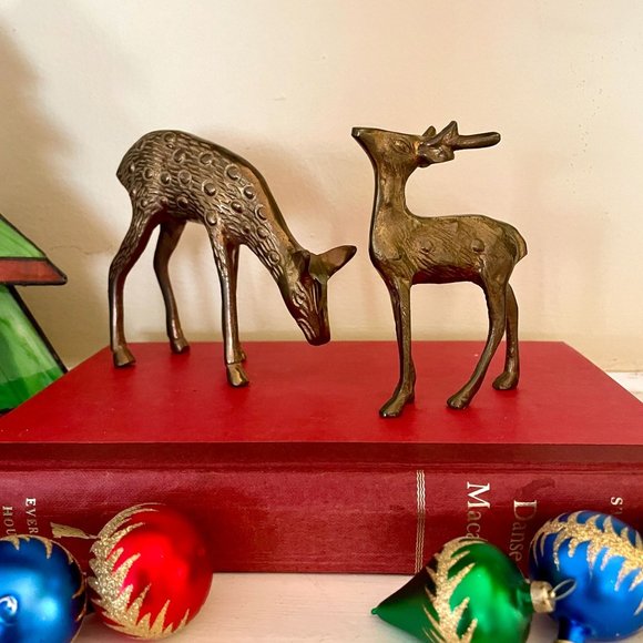 Set of 2 Mid Century Solid Brass Deer Handcrafted Reindeer Christmas Estate Find - Picture 4 of 7